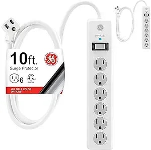 Ge Surge Protector Power Strip, 10 Ft Extension Cord, 6 Outlet Extender, 800 Joules, Flat Plug, Twist-To-Close Safety Covers, Etl Listed, White, 2 Pack, 46862