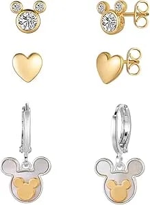 Disney Mickey Mouse Two-Tone Cz & Mother Of Pearl Heart 3-Piece Stud Earrings For Women, Silver Plated, Dainty Jewelry Gift Set