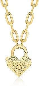 Ross-Simons Italian 14kt Yellow Gold Floral Embroidery Heart Lock Paper Clip Link Necklace