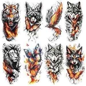 8 Sheets Flame Animal Temporary Tattoos For Adults, Tiger Lion Wolf Phoenix Butterfly Fake Tattoo Stickers, Waterproof Long Lasting Body Art For Arm Chest