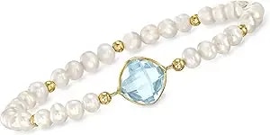 Ross-Simons 4.60 Carat Sky Blue Topaz And 4-5mm Cultured Pearl Bracelet In 14kt Yellow Gold
