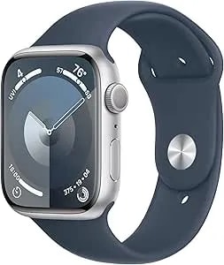 Apple Watch Series 9 [Gps 45mm] Silver Aluminum Case With Storm Blue Sport Band S/M (Renewed)
