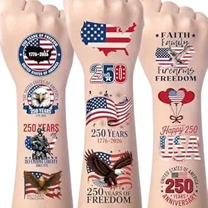 Gameza 4th Of July Tattoos Temporary - 200+ 250 Anniversary Usa Party Decorations Accessories, Independent Day Party Favors Supplies, National Day 250th Anniversary Patriotic Tattoo Stickers Prizes