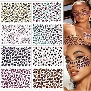 8 Sheets Leopard Print Temporary Tattoos Cheetah Print Face Tattoos Mixed Styles Tiger Tattoos Cute Animal Print Stickers Waterproof Leopard Halloween Fake Tattoo For Body Art Makeup