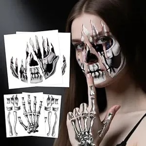 4 Sheets Halloween Tattoos, Horror Halloween Face Temporary Tattoos, Waterproof Fake Skeleton Zombie Face Tattoos Stickers Make Up Accessories For Carnival Makeup Halloween Masquerade
