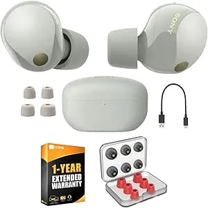 Sony wf1000xm5/S Industry Leading Noise Canceling Truly Wireless Earbuds (Silver) Bundle With Deco Essentials 6 Pairs Of In-Ear Earbud Tips And 1 Yr Cps Enhanced Protection Pack