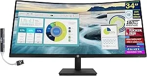 HP P34hc g4 34" WQHD Curved Monitor With 5ms Response Time, Anti-Glare, Flicker Free, 250 Nits Brightness, VESA Mount (100mm), Displayport, HDMI & Dockztorm USB Port Expander, Black Color