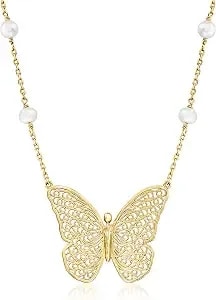 Ross-Simons 14kt Yellow Gold-Plated Filigree Butterfly Necklace With 5.5-6mm Cultured Pearls. 18 Inches