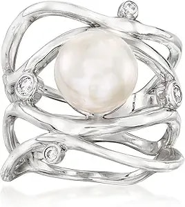 Ross-Simons 9-9.5mm Cultured Pearl Highway Ring With Czs In Sterling Silver
