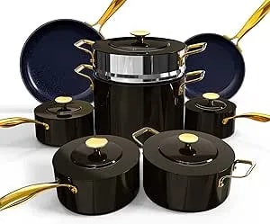 Nuwave Lux Le 13-Pc Cookware Set With Elegant Gold Handle, Diamond Infused Ceramic Non-Stick, Pfas Free, Premium Metal Lids, Ergonomic Stay-Cool Handles, Induction Ready & Compatible W/All Cooktops