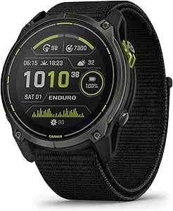 Garmin Enduro 3 GPS Smartwatch 51mm Solar Sapphire, Ultra Battery Life, Mapping, Built-In LED Flashlight, Carbon Gray DLC Titanium, Black Ultrafit Nylon Strap (Renewed)
