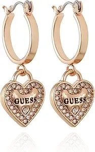 Guess Goldtone Logo Heart Dangle Charm Hoop Earrings