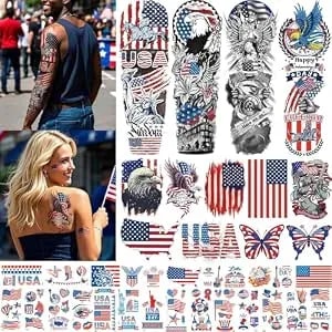 Aresvns Independence Day Temporary Tattoos,Fourth Of July Usa Flag Sleeve Tattoo,Red White And Blue Party Supplies, 4th Of July Fun Tattoos, Memorial Day, Labor Day Decorations Patriotic Tattoos