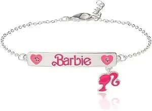 Barbie Pink Id Bracelet With Charm Official License, 7"+1" Silver Flash-Plated Bar Bracelet, Mother'Sday Jewelry For Women