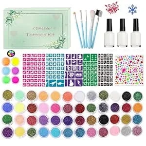 Temporary Glitter Tattoos Kit For Kids 48 Colors 6 Fluorescent 207 Stencils 2 Diamond Stickers 3 Glue 5 Brushes Arts Make Up Kit Party Christmas Halloween