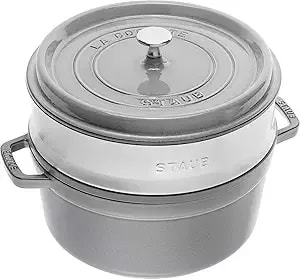 Staub La Cocotte Round 40510-605 Pico Cocotte Round Gray, 10.2 Inches (26 Cm) Steamer Set, Large, Both Handed Castings, Enameled Pot, Induction Compatible