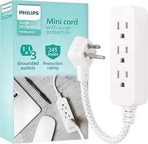 Philips 3-Outlet Grounded Mini Extension Cord With Surge Protection, 5 Inch Indoor Extension Cord, Flat Plug Power Strip, 245 Joules, Short Power Strip, Braided Cord, Etl Listed, Black, spp8272wc/37