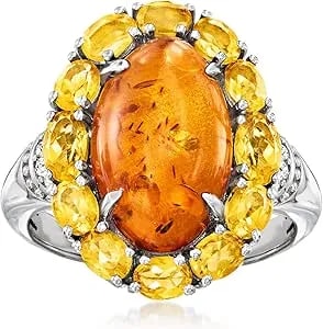 Ross-Simons Amber And 2.30 Ct. T.W. Citrine Ring With White Zircons In Sterling Silver