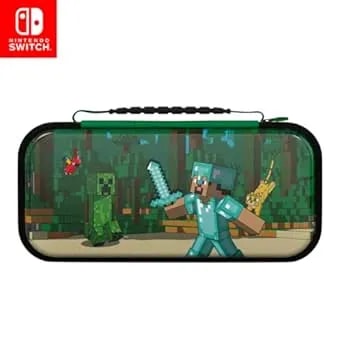 PDP Realmz Nintendo Switch Travel Case Plus GLOW With Wrist Strap, Built-In Stand & Game Storage Pockets, Officially Licensed: Minecraft Forest Battle (Glow In The Dark)