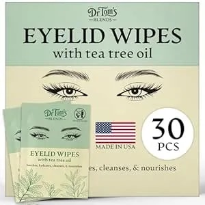 Dr. Tom'S Blends 30pc Tea Tree Oil Eyelid & Lash Wipes - For Dry & Itchy Eyes, Individually Wrapped Eyelash Wipes, Makeup Remover & Daily Eye Cleanser