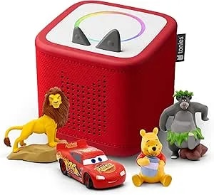 Toniebox 2 Audio Player Disney Bundle For Kids 3+ With Lightning Mcqueen, Simba, Winnie The Pooh, And Baloo - Sunset Red