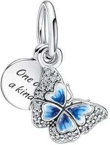 Pandora Blue Butterfly & Quote Double Dangle Charm - Bracelet Charm For Pandora Moments Bracelets - Stunning Women'S Jewelry - Made With Sterling Silver, Cubic Zirconia & Enamel - With Gift Box