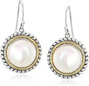 Ross-Simons 10.5-11mm Cultured Pearl Roped-Edge Drop Earrings In Sterling Silver And 14kt Yellow Gold
