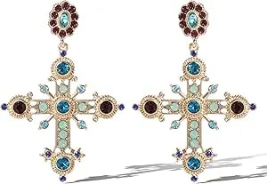 Jessica Simpson Large Pave Cross Earrings For Women Multicolored Glass Stone, Mother'S Day Earrings