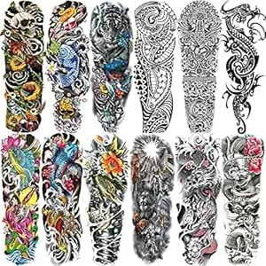Aresvns Temporary Sleeve Tattoo For Men And Women (l19“xw7”),Waterproof Japanese Military Fake Tattoos Long Lasting,Full Arm Totem Temporary Tattoos For Bbq Pool Beach Party