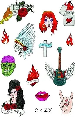 Tatsy The Rock N Rolla Set, Quality Temporary Tattoos, For Men And Women, Rock And Roll Rollin Tattoo Cover Up, Rock Star Party Kit, Guitar Sabbath Rocker Rehab Freedom