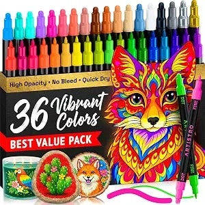 Artistro Precision Dual-Tip Acrylic Paint Marker Pens - Set Of 36 - For Fabric, Rock, Glass, Wood, & Coloring Books, Arts & Crafts Gift, Classroom Must Haves & School Supplies (Dot & Fine Tips)
