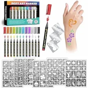 Temporary Tattoo Markers For Kids And Adults, 12 Metallic Markers And 155 Tattoo Stencil Designs, Cosmetic Tattoos Pens For Party Favor Gift And Face Painting