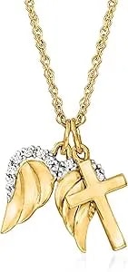 Ross-Simons 14kt Yellow Gold Cross And Angel Wings Pendant Necklace With Diamonds