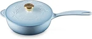 Le Creuset Enameled Cast Iron Holly Collection Traditional Saucier, 2.25 Qt., Coastal Blue With Gold Knob