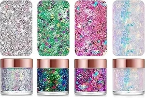 Body Face Glitter Gel For Women, Girls & Kids, 4 Shades Self-Adhesive Chunky Glitter For Hair, Ideal For Concerts, Festivals, Raves & Mermaid Looks (Iridescent, Holographic, Pink, Multi-Color)