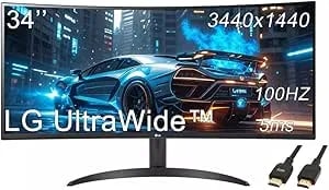 Lg 34" Curved Ultrawide Monitor, Wqhd (3440 X 1440), 100hz, Hdr 10, Srgb 99%, Amd Freesync, Split Screen With Pbp, Hdmi, Displayport, Tilt Adjustable, Black, With 5ave Hdmi Cable