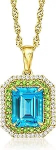 Ross-Simons 2.70 Carat Swiss Blue Topaz And .30 Ct. T.W. Chrome Diopside Pendant Necklace With .20 Ct. T.W. White Zircon In 18kt Gold Over Sterling