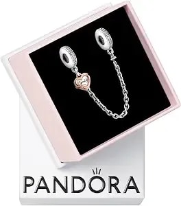 Pandora Family Heart Safety Chain Charm - Gift For Her - Compatible With Pandora Moments - Sterling Silver, Pandora Rose & Cubic Zirconia - With Gift Box