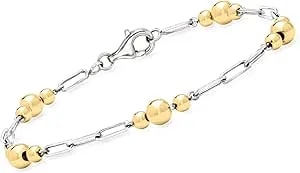 Ross-Simons Sterling Silver And 18kt Gold Over Sterling Alternating Paper Clip Link And Bead Station Bracelet