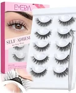 Emeda Self Adhesive Eyelashes Preglued Glueless -Natural Look No Glue Eyelashes 14mm Natural Cat Eye Glueless No Glue Needed Reusable Stick On False Strip Lashes Easy For Beginner (879 With Tweezers)