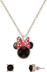Disney Minnie And Mickey Mouse Jewelry Set Official License - Gold-Tone And Red Enamel Heart Pendant Necklace And Heart Stud Earrings