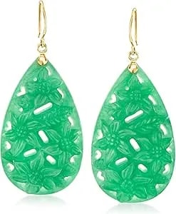 Ross-Simons Carved Jade Floral Drop Earrings With 14kt Yellow Gold