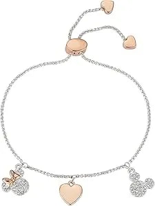Disney Minnie & Mickey Rose Gold Two-Tone Crystal Heart Bolo Bracelet For Women, Silver Plated, 9.75" Adjustable, Gift For Her