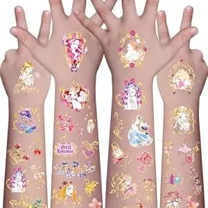 Awinmay Gold Foil Fairy Tale Party Temporary Tattoos For Kids - 80 Metallic Styles Rose Princess Birthday Party Decorations Supplies For Girls And Boys, Glitter Magic Theme Favors, Cute Accessory