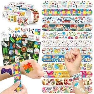 96 Pcs Game Night Party Favors Set – 72 Pre-Cut Temporary Tattoos & 24 Slap Bracelets For Kids, Board Game Birthday Supplies, Puzzle & Dice Theme Classroom Rewards