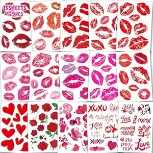 129pcs Valentines-Day Kiss Red-Lip Tattoos -15sheets Tattoos Temporary Stickers Red Kiss Lip Print Waterproof Fake Tattoo For Kids Women Girls Kids Face Body Valentine Gifts Party Favors Decorations