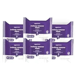 Amazon Basics Makeup Remover Wipes, Gentle Cleansing, Dermatologist Tested, Night Calming, Plant Based, Alcohol-Free, Removes Waterproof Mascara, Ph Balanced, 25-Count, 6-Pack