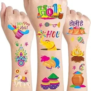 Happy Holi Hai Temporary Tattoos - 8 Sheets 320 Pcs Indian Festival Of Colors Decorations Tattoo Stickers For Multicolor Holi Party Favors Supplies Holi Activity Prizes Gifts