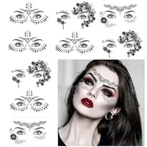 9 Pack Face Eye Makeup Tattoo Sticker Waterproof Black Lace Eye Face Temporary Tattoo For Women Girls Halloween Christmas Masquerade Party (Black(3 Style))