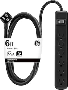 Ge 6-Outlet Power Strip, 6 Ft Extension Cord, Heavy Duty Plug, Grounded, Integrated Circuit Breaker, 3-Prong, Wall Mount, Etl Listed, Black, 14088